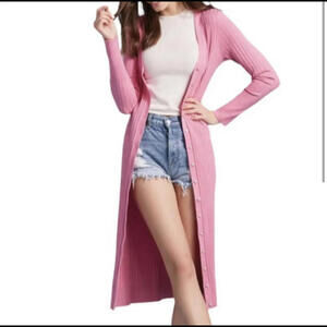 525 bubblegum pink long sleeve ribbed maxi cardigan